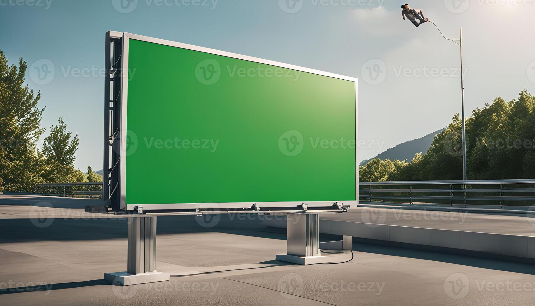 Green Billboard Mockup with a Man Swinging from a Lamppost photo