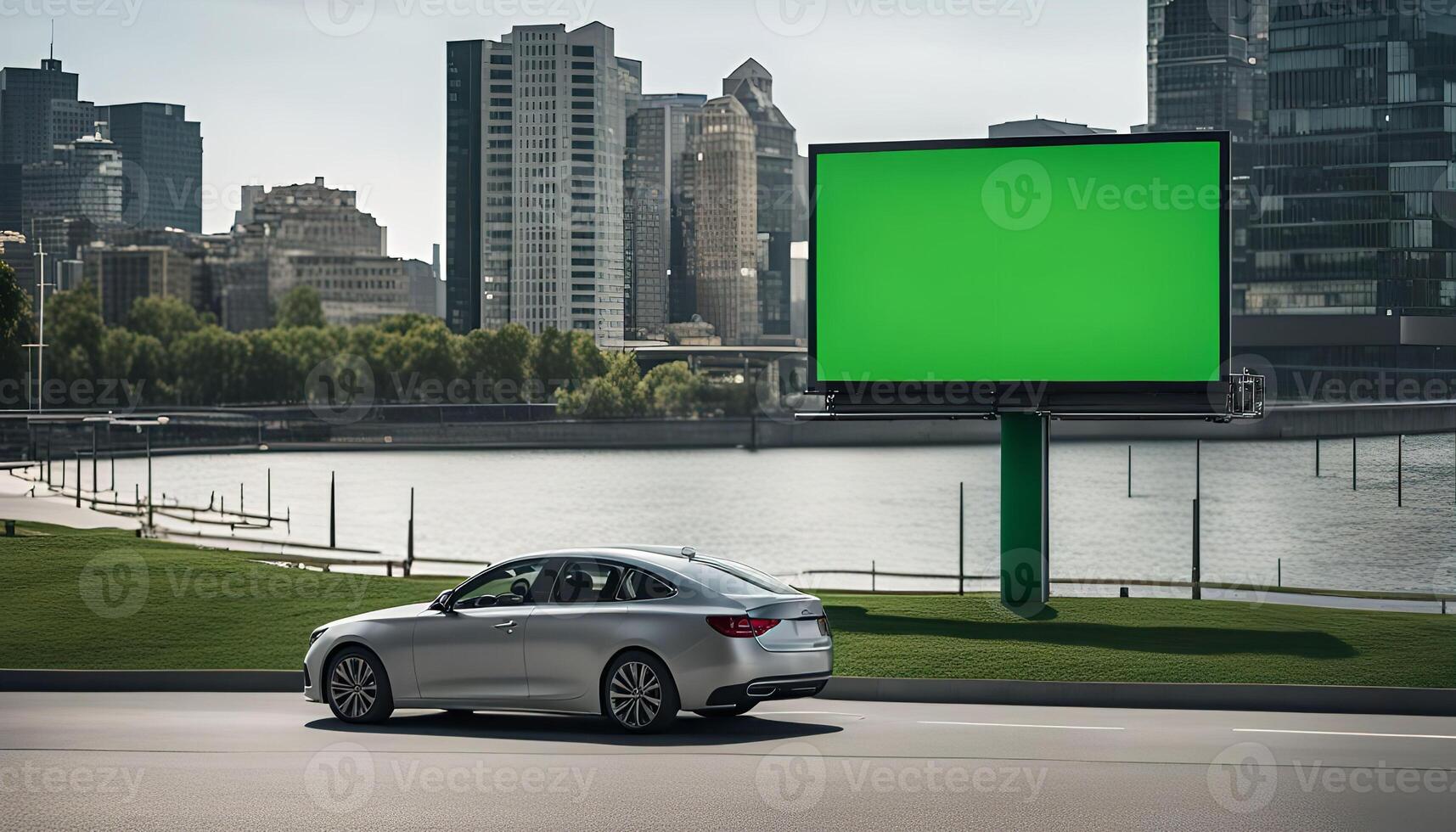 Silver Car Driving Past Billboard photo