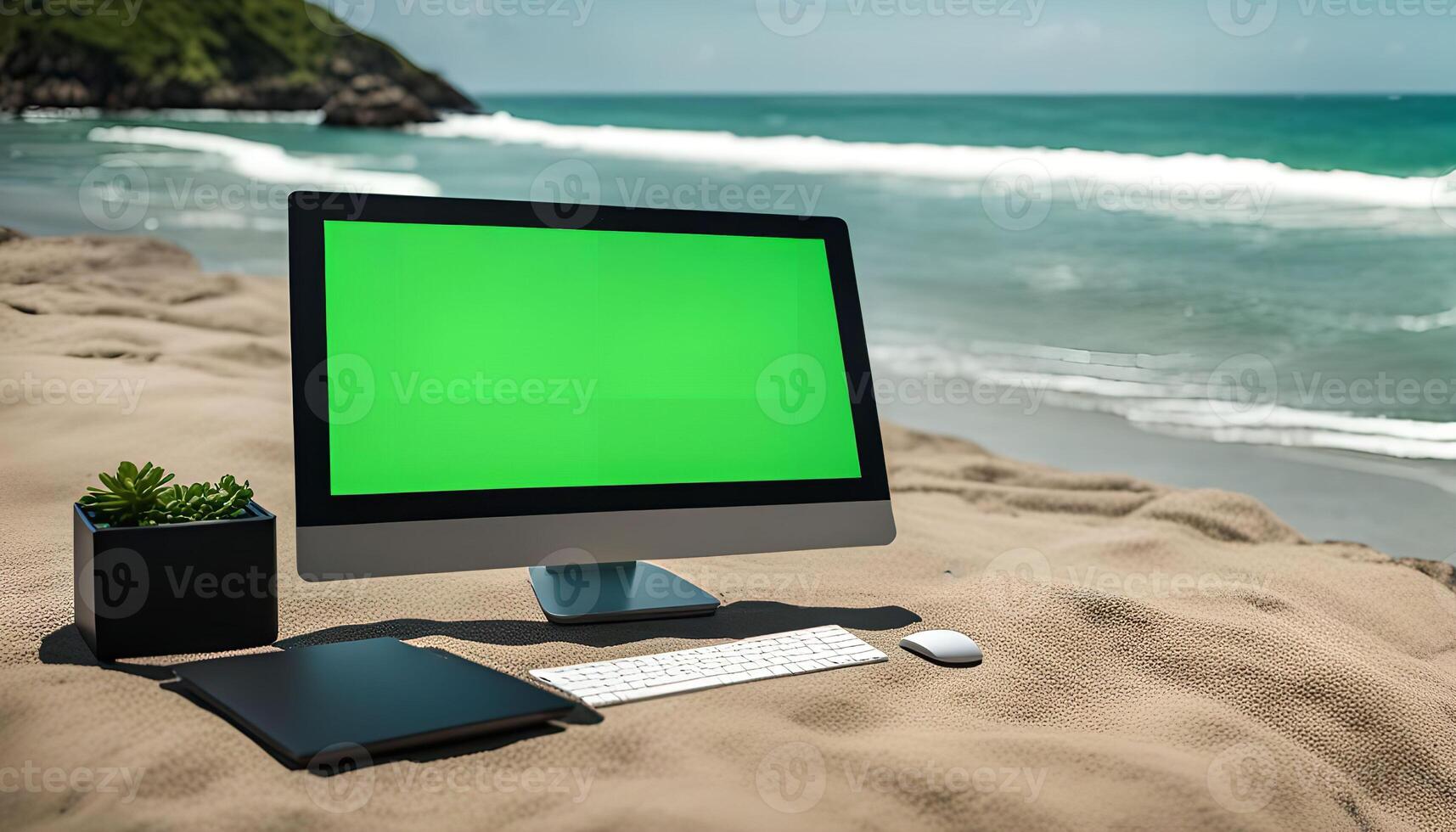 Computer on a Beach with Green Screen photo