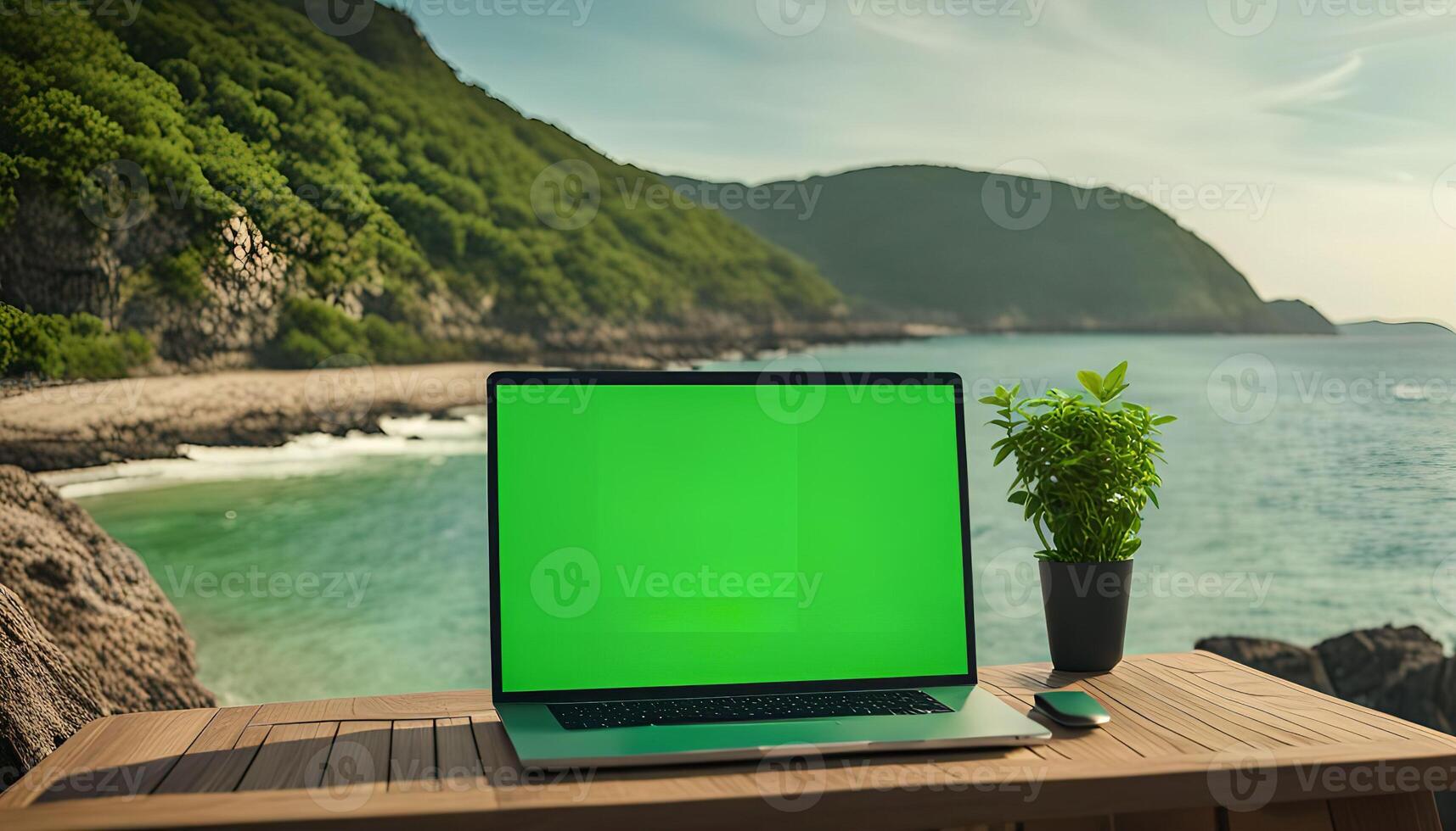 Laptop on a Table with a Green Screen in Front of the Ocean photo