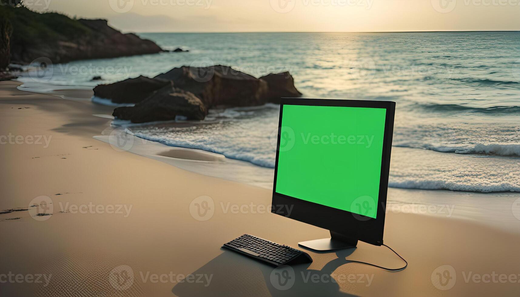 Computer on the Beach at Sunset photo