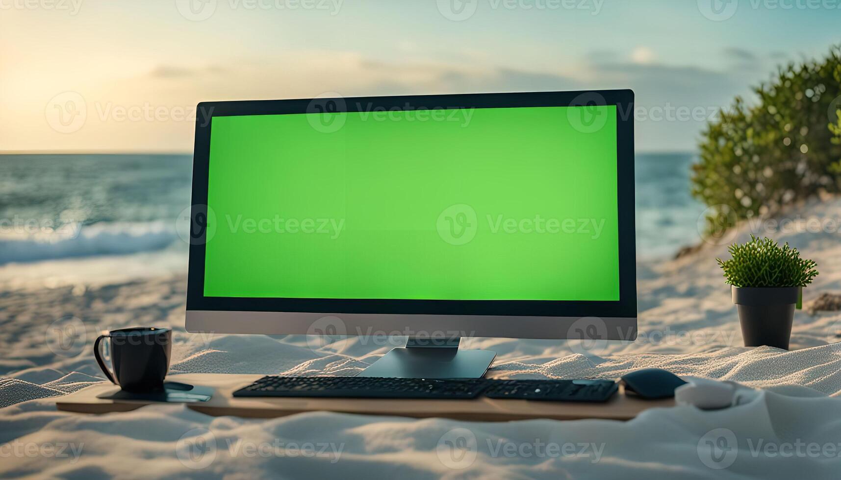 Working on the Beach with a Computer photo