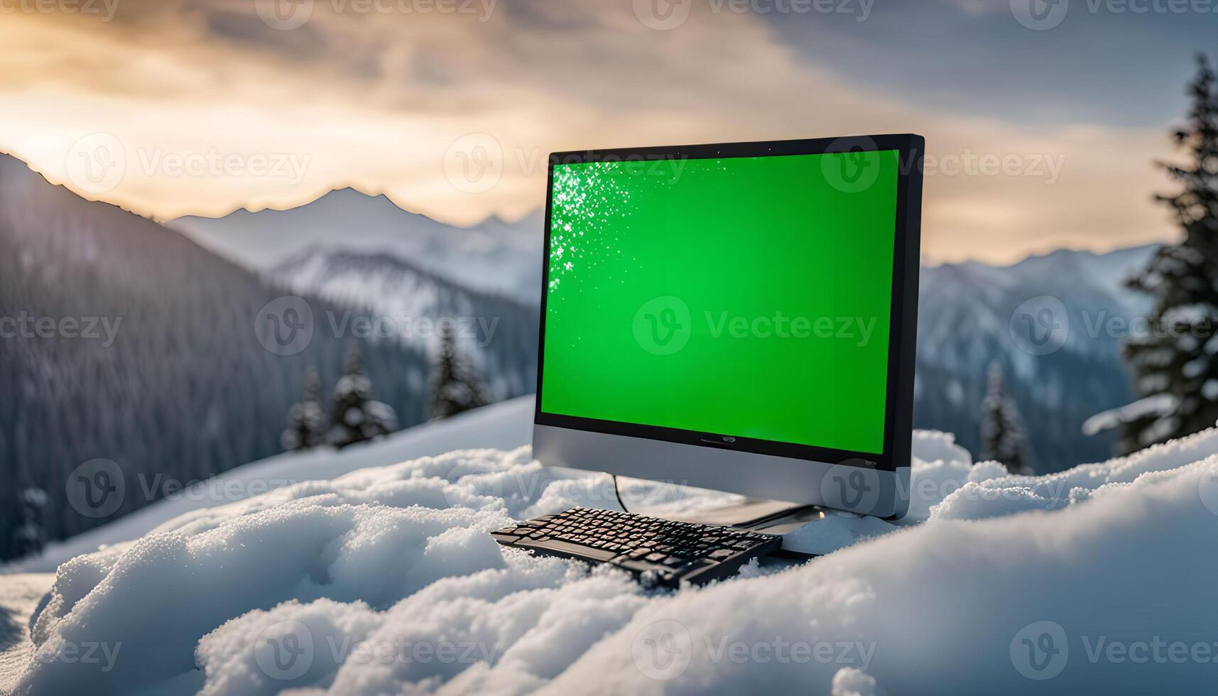 Computer in snowy mountains with sunset in the background photo