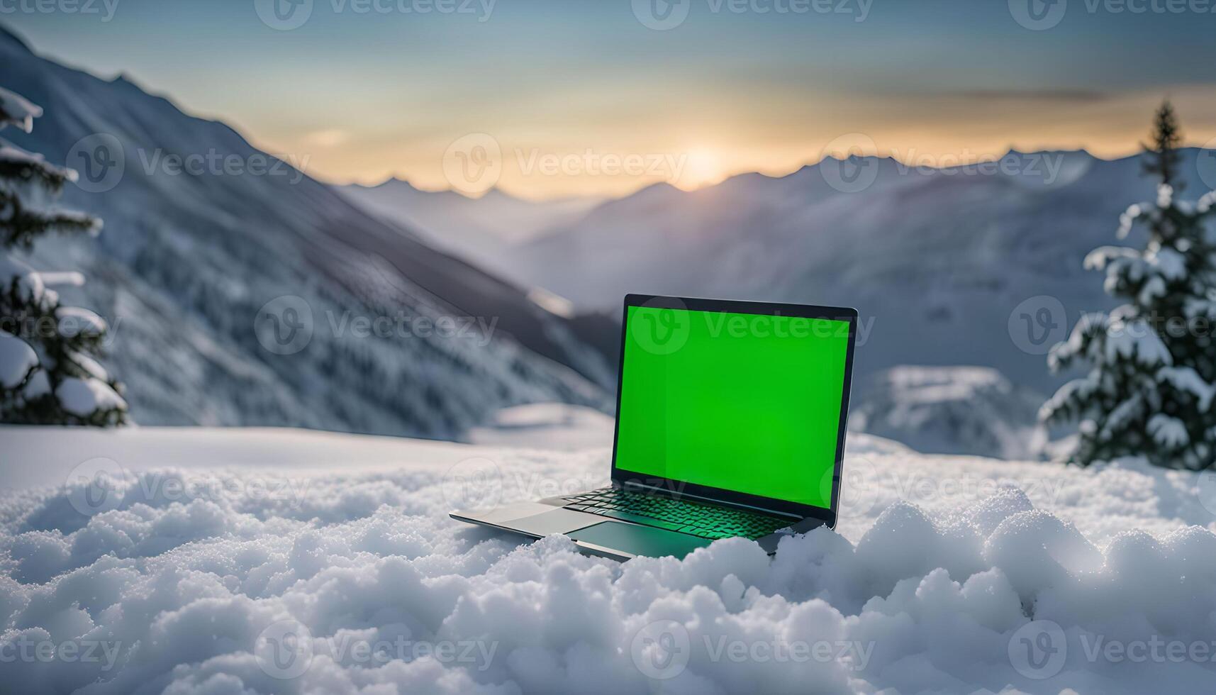 Laptop in Snowy Mountain Landscape photo