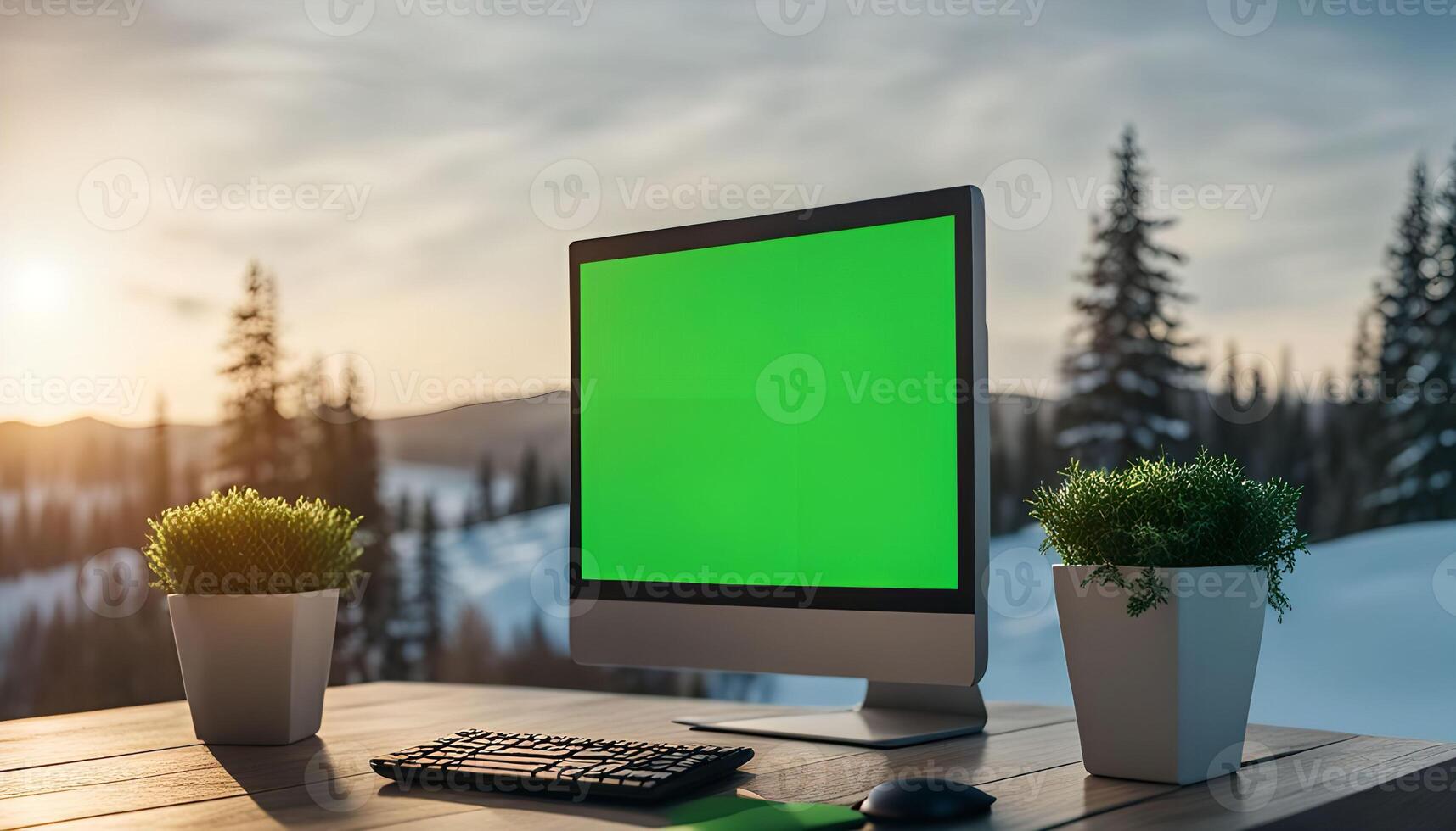 Computer on a Table with a Green Screen Display and a Snowy Mountain View photo