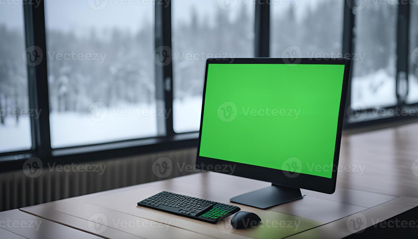 Computer Monitor with Green Screen in a Snowy Landscape Office photo