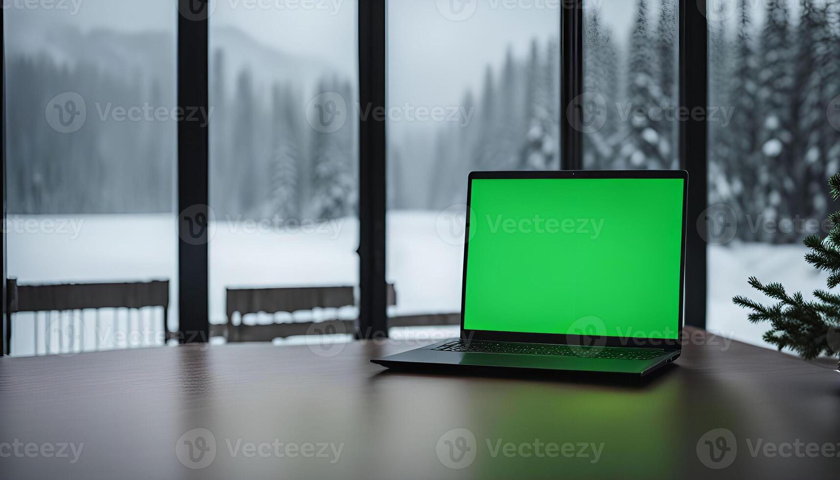 Laptop with Green Screen on a Table by a Window with a Snowy Mountain View photo