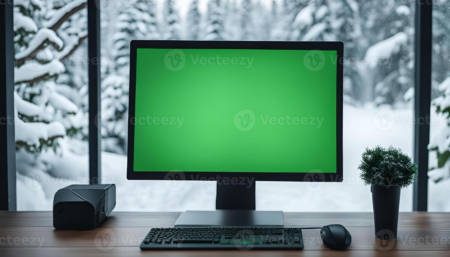 Computer on a Desk with a Snowy Winter Scene in the Background photo