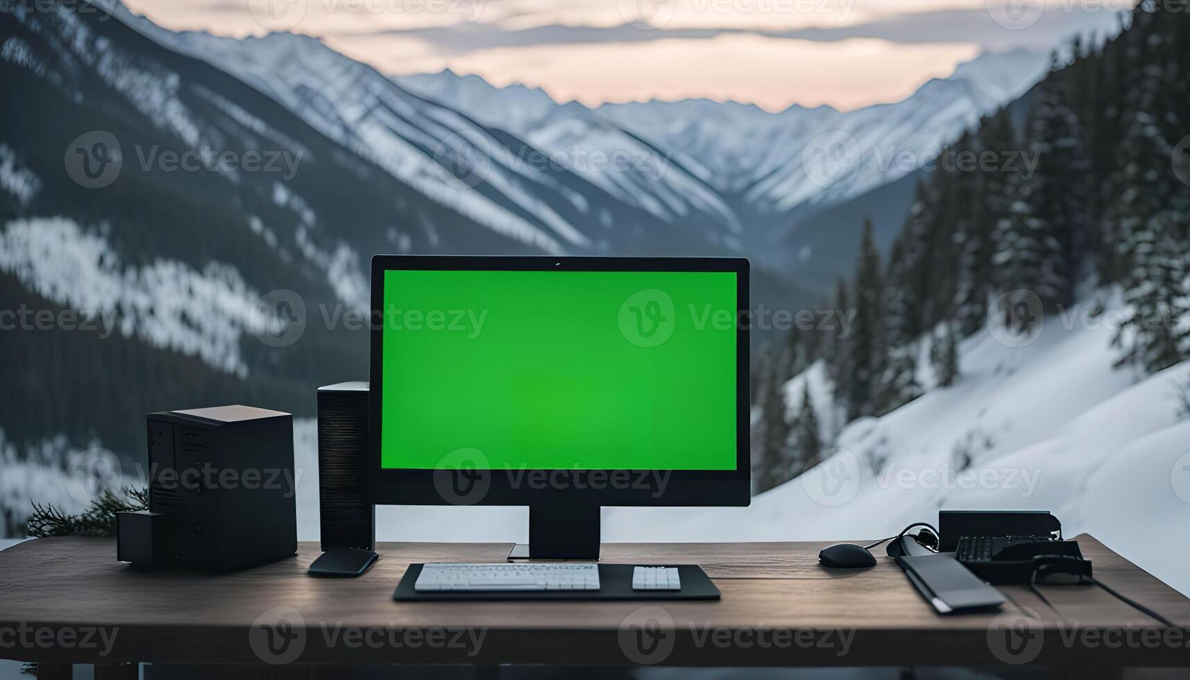 Computer on a Desk with a Mountain View photo
