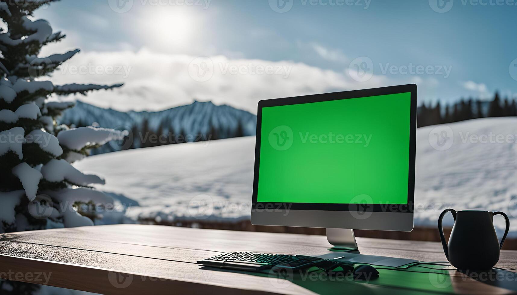 Desktop Computer with Green Screen in Snowy Mountain Landscape photo