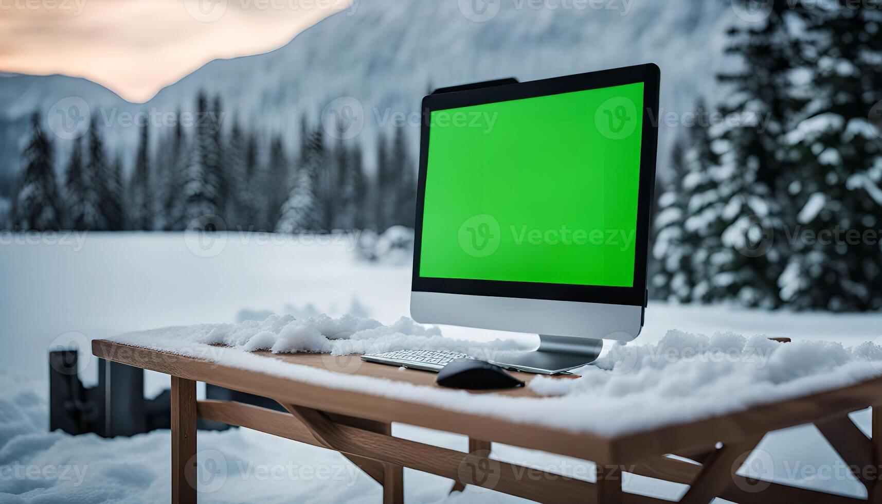 Computer on a Snowy Table in a Mountainous Landscape photo
