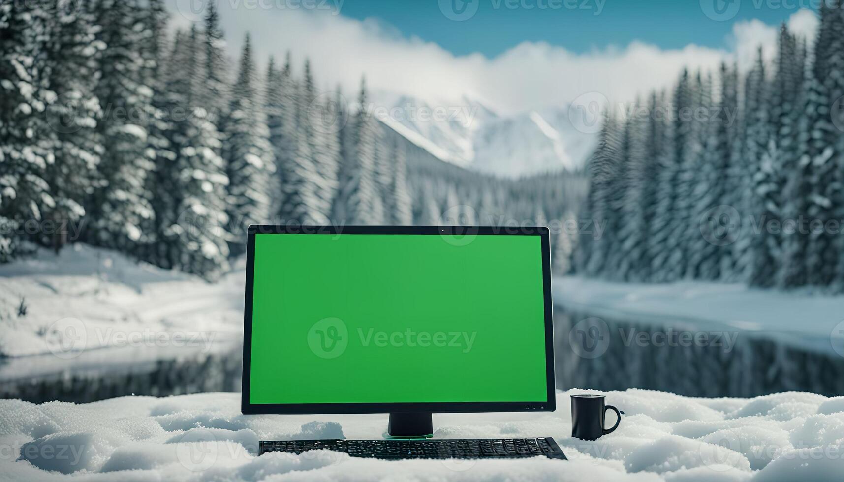 Computer in Snowy Mountain Landscape photo
