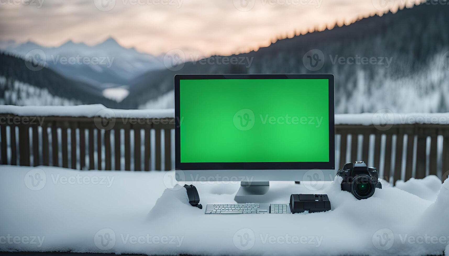 Desktop Computer with Green Screen in Snowy Mountains photo