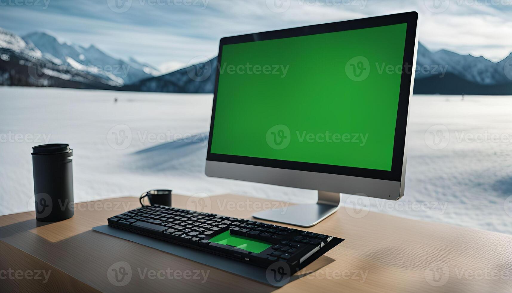 Computer with a Green Screen, on a Snowy Mountain Background photo