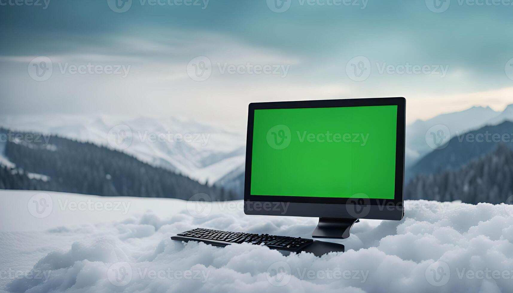 Desktop Computer in a Snowy Mountain Landscape photo