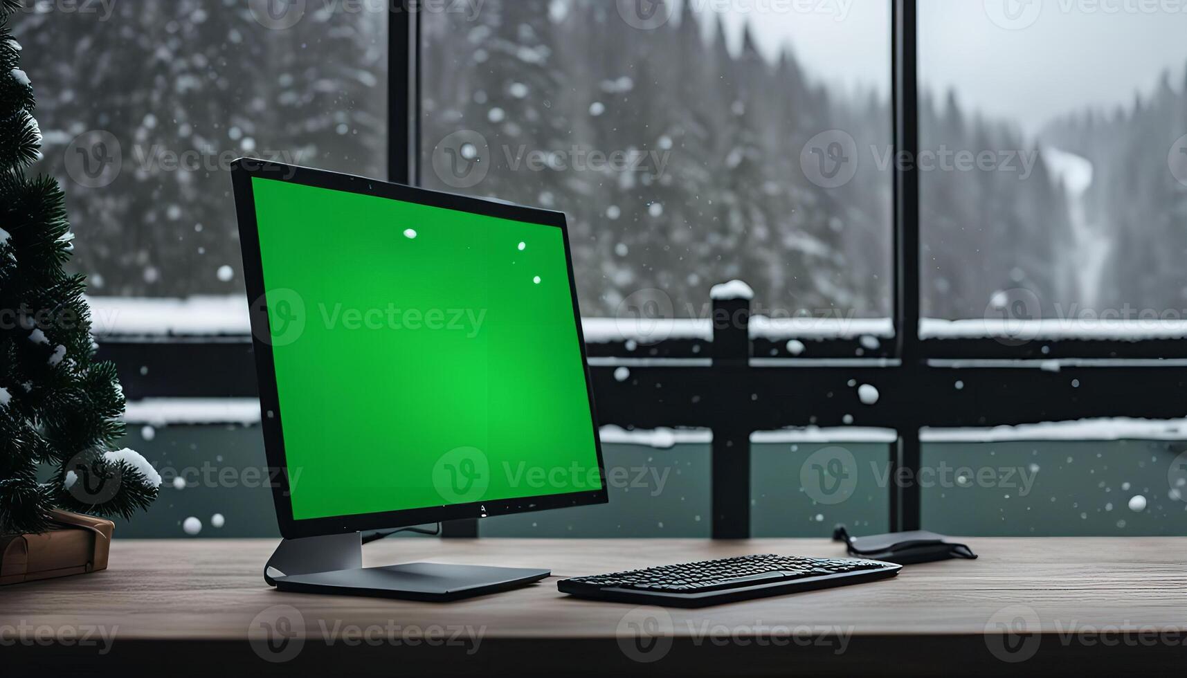 Computer on a Desk with a Snowy View photo