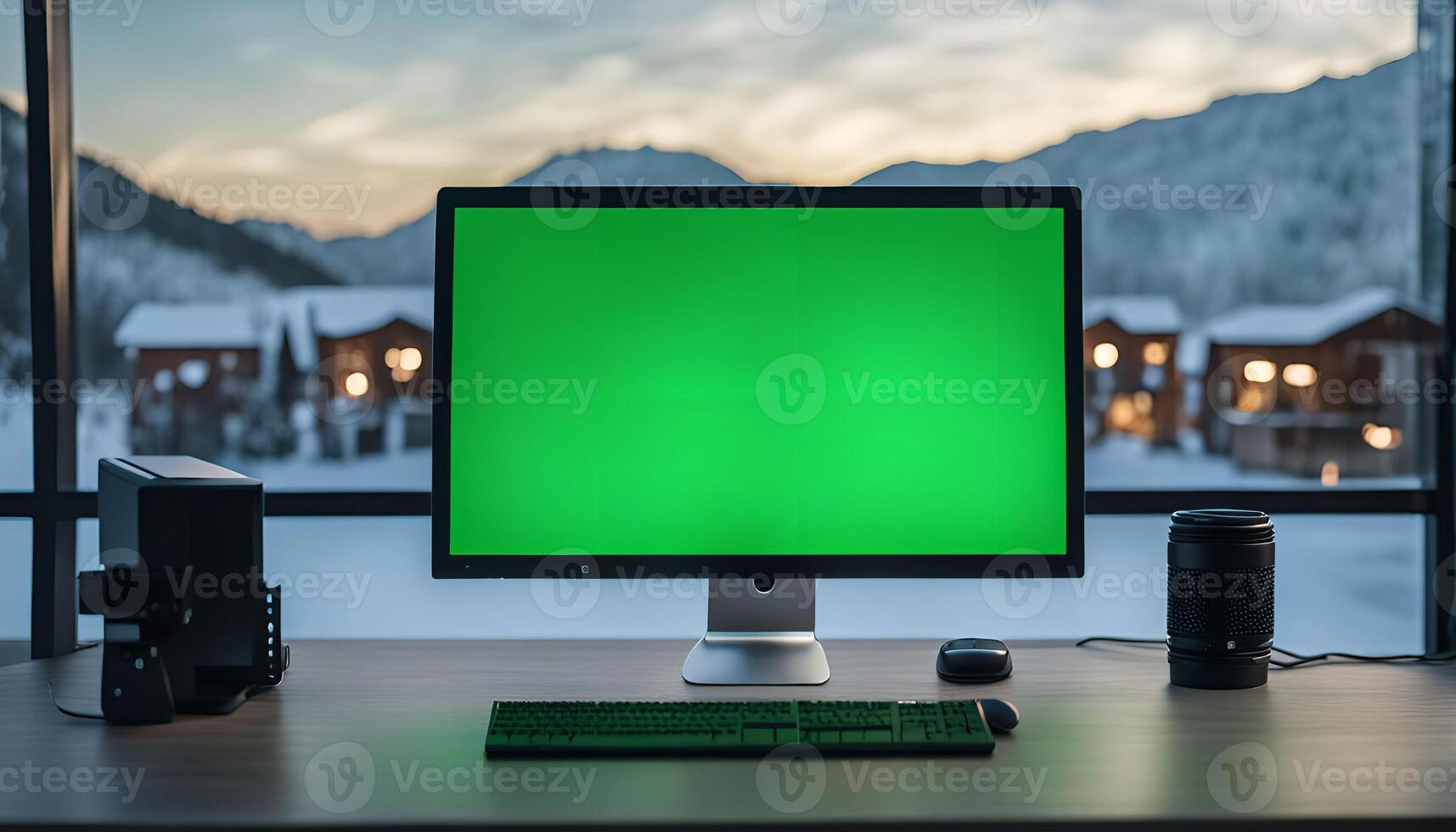 Desktop with Green Screen and Mountain View photo