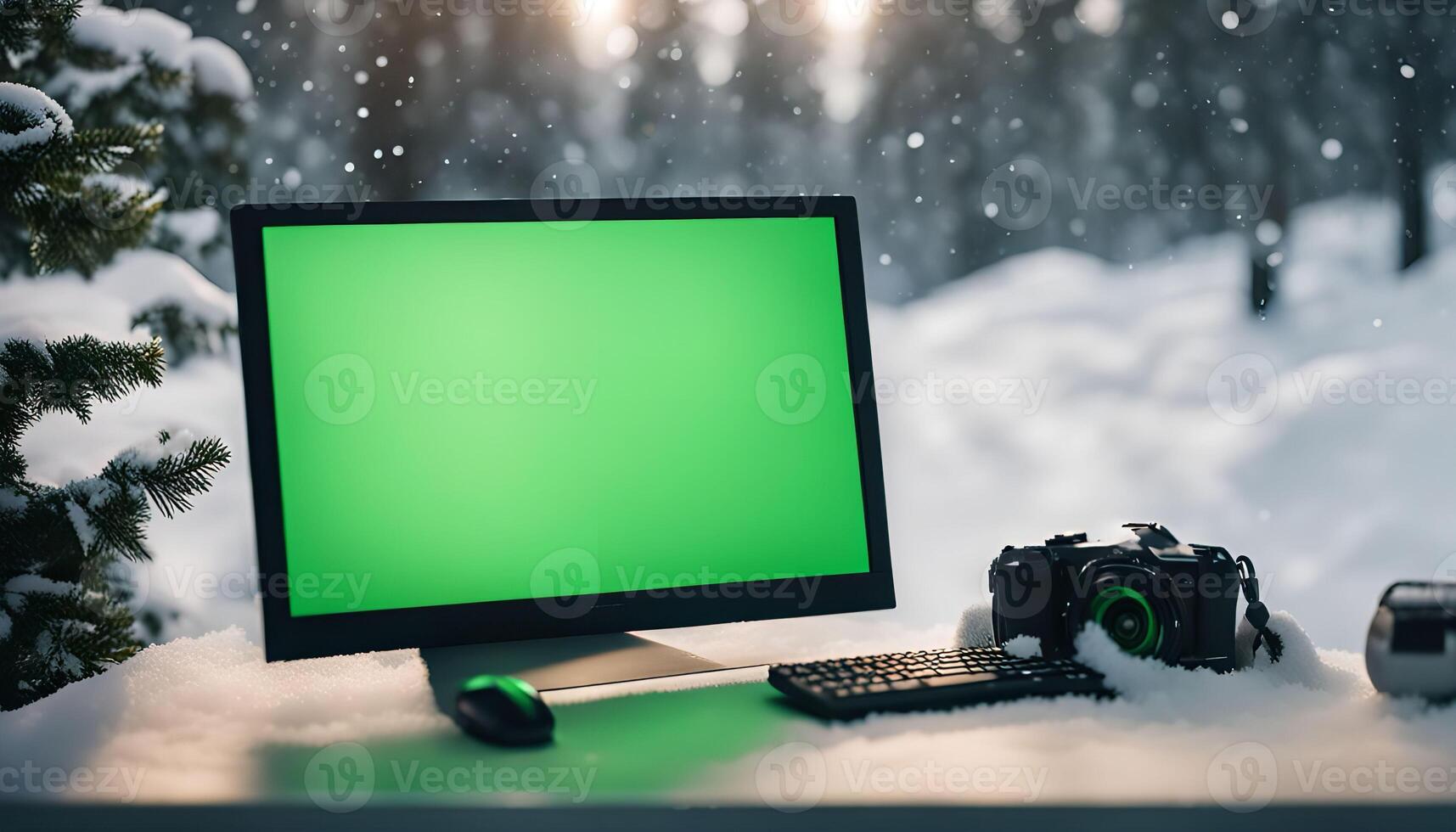 Winter Wonderland Setup Green Screen Monitor and Camera in Snowy Forest photo