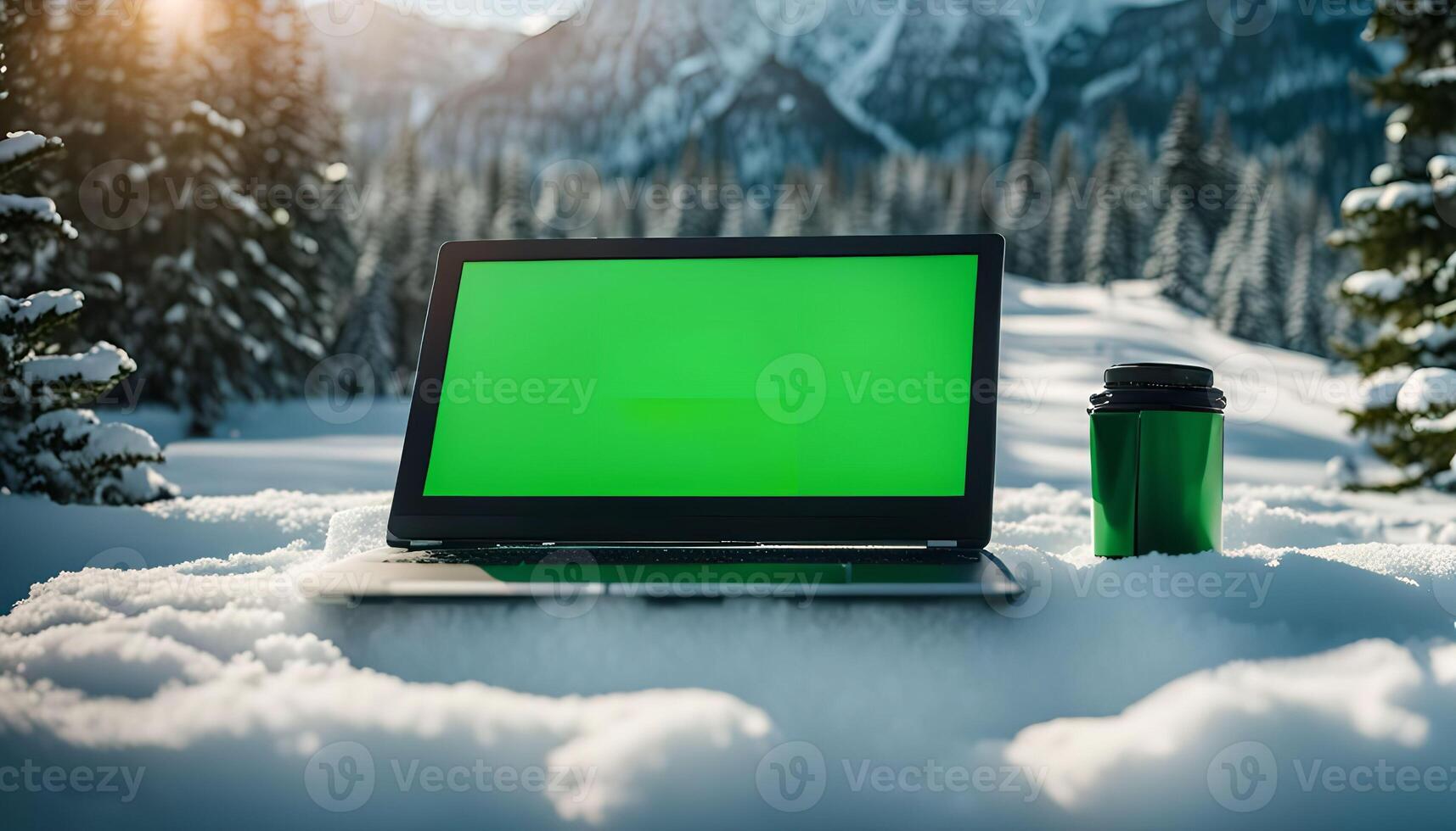 Laptop and Coffee in Snowy Mountains photo