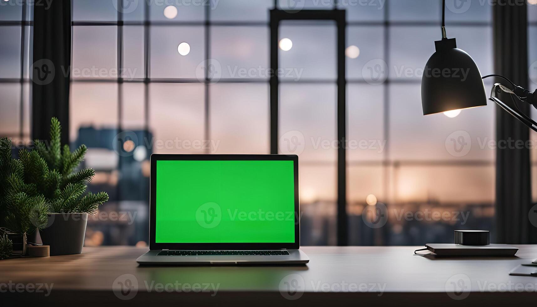 Laptop on a Desk With a Green Screen photo