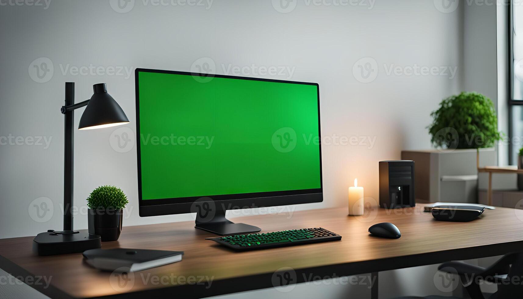 Modern Home Office Desk with a Green Screen Computer Monitor photo