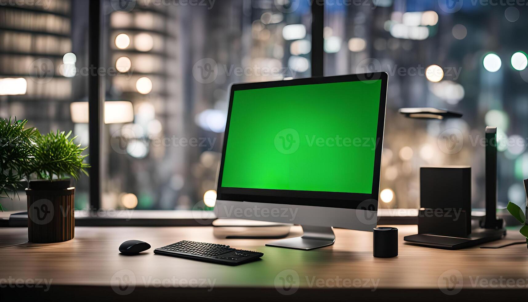 Desktop Computer with Green Screen at Night photo