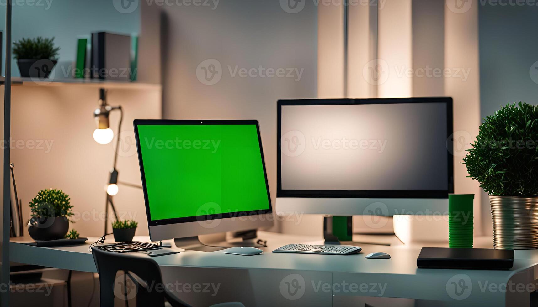 Modern Office Workspace with Desk and Two Computers photo