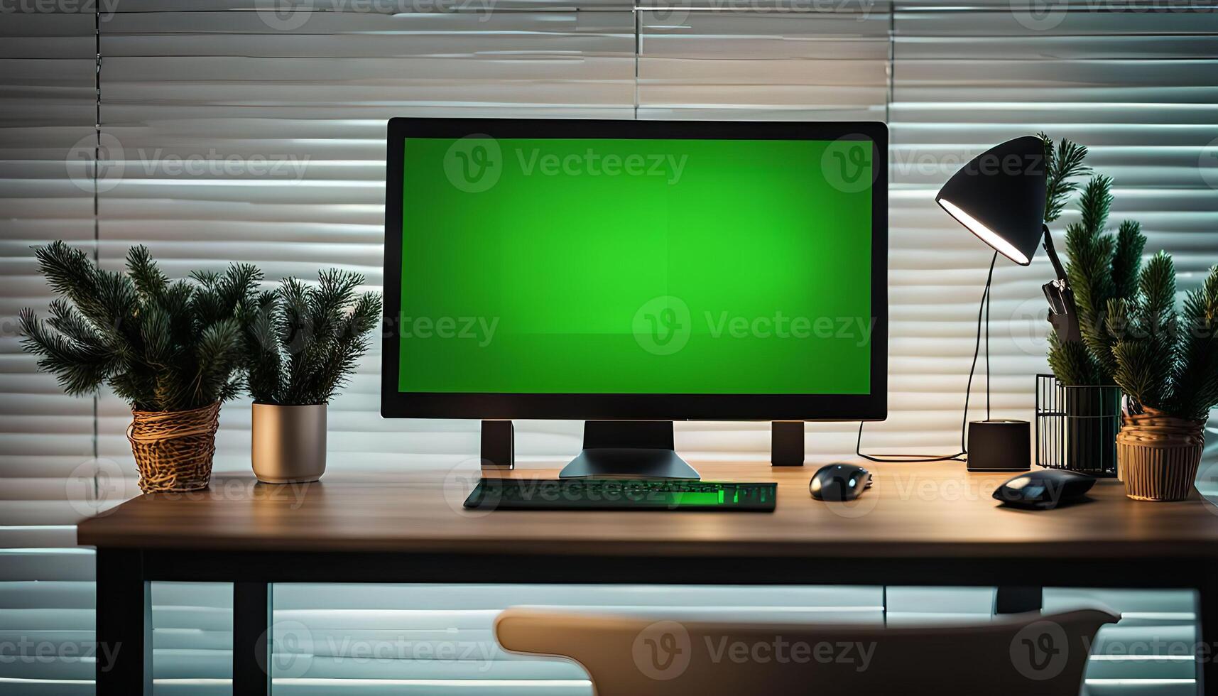 Computer Monitor Green Screen on Desk with Plants and a Lamp photo
