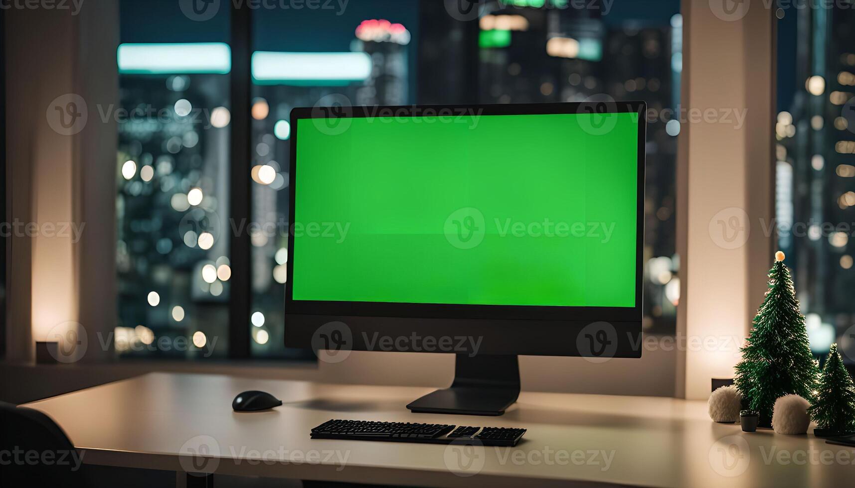 Desktop Computer with Green Screen in a Modern Office with Cityscape View photo