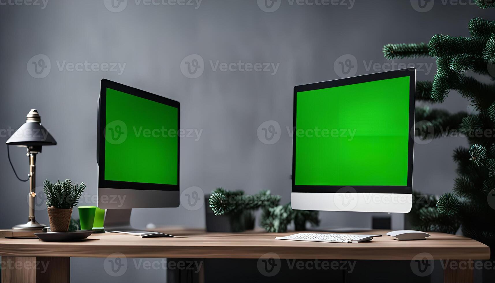 Two Green Screen Computers on a Desk photo