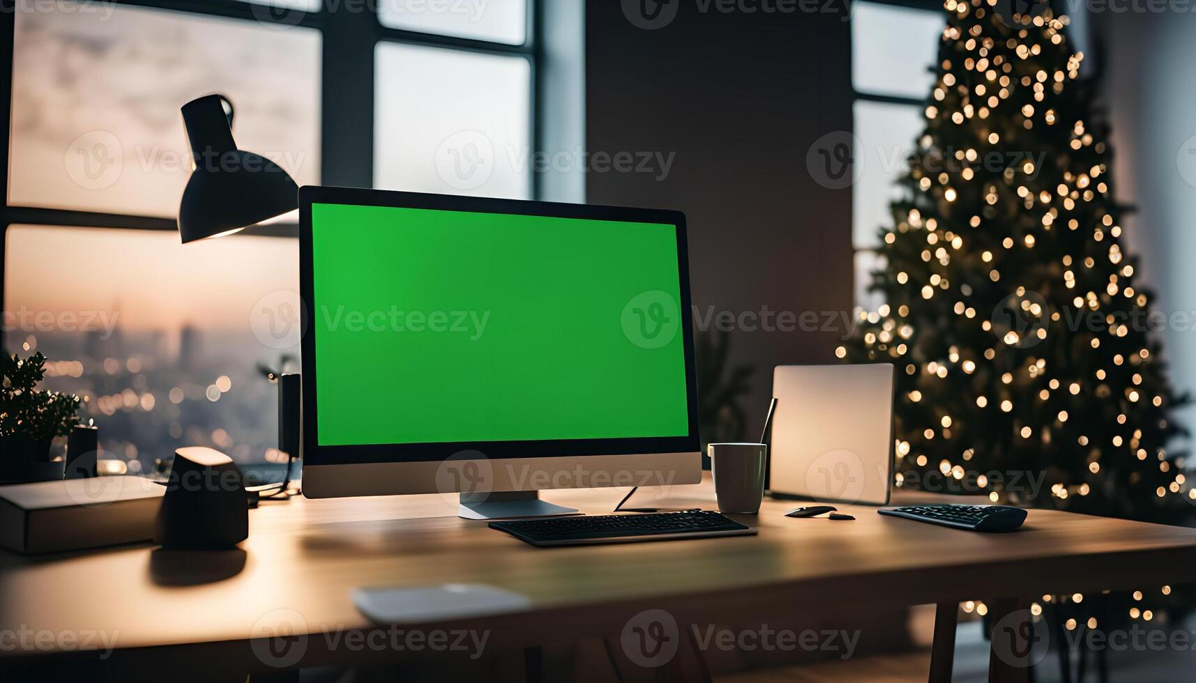 Green Screen Computer Display On Desk With Christmas Tree photo