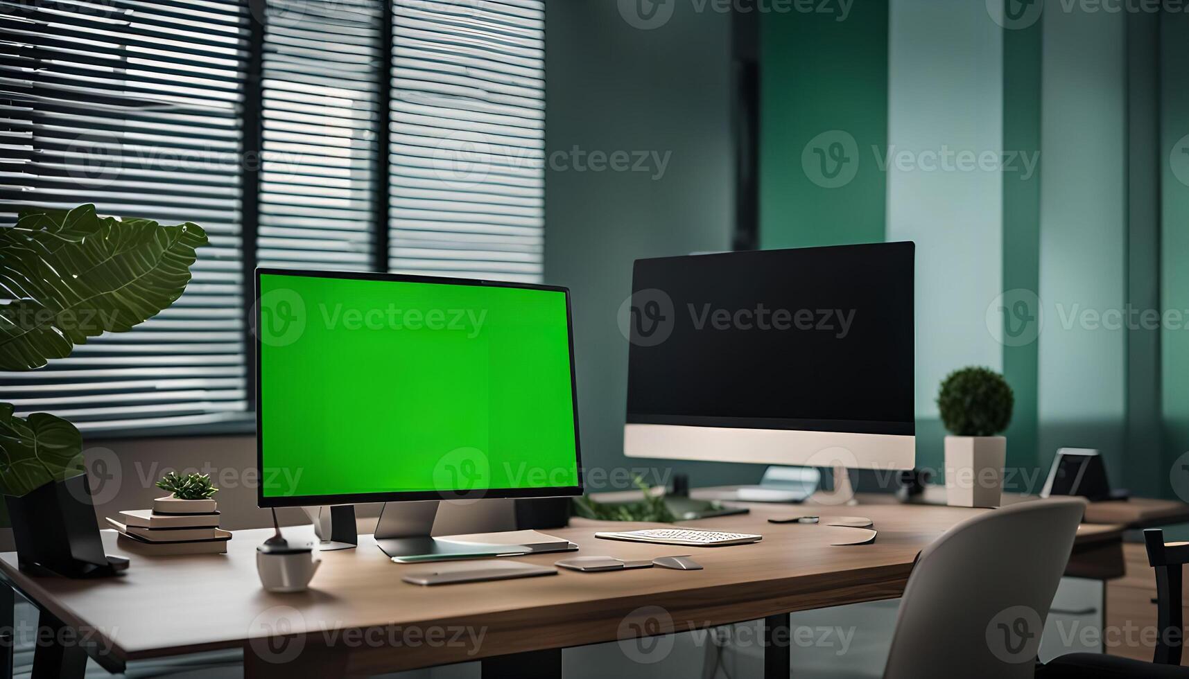 Modern Office Workspace with Green Screen Monitor photo