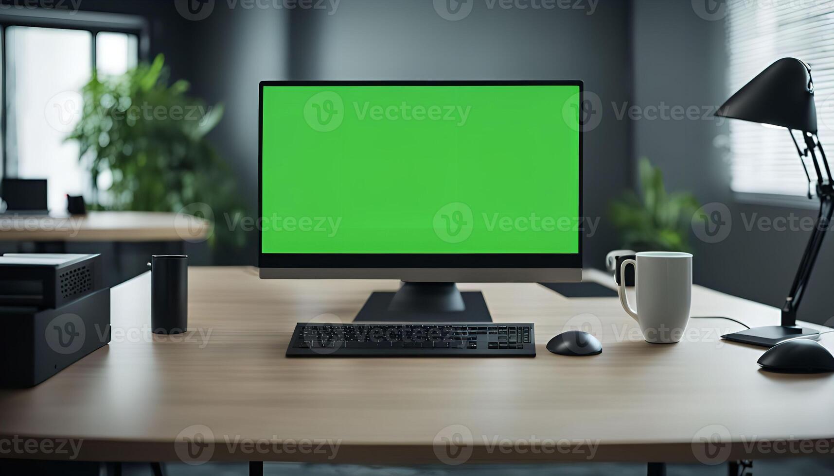 Modern Office Desk with Computer, Keyboard, Mouse, and a Coffee Mug photo