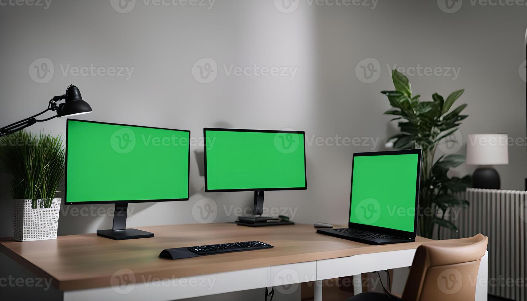Modern Home Office Setup with Green Screen Monitors photo