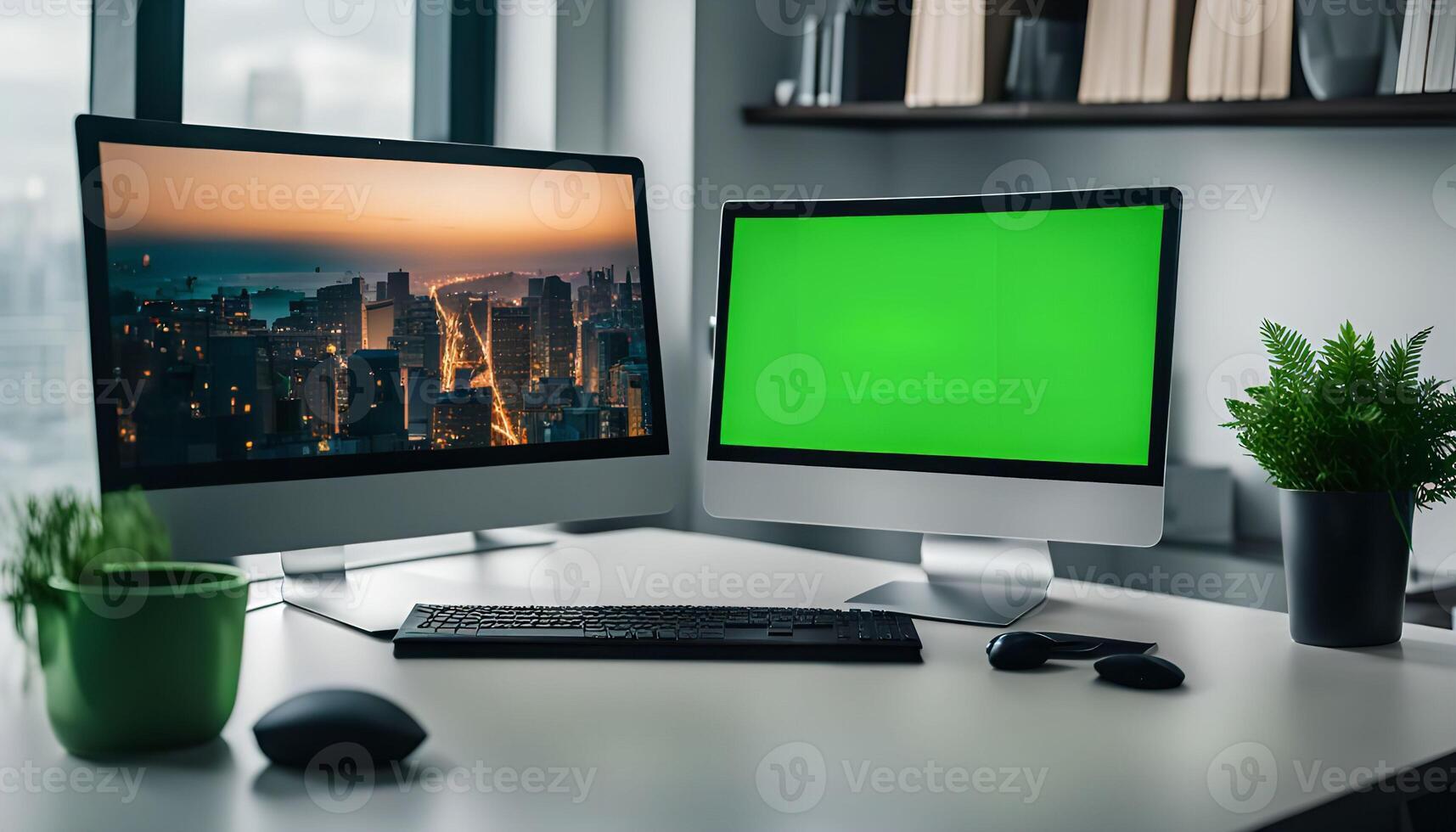 Desktop Computer Setup with Cityscape Wallpaper and Green Screen photo