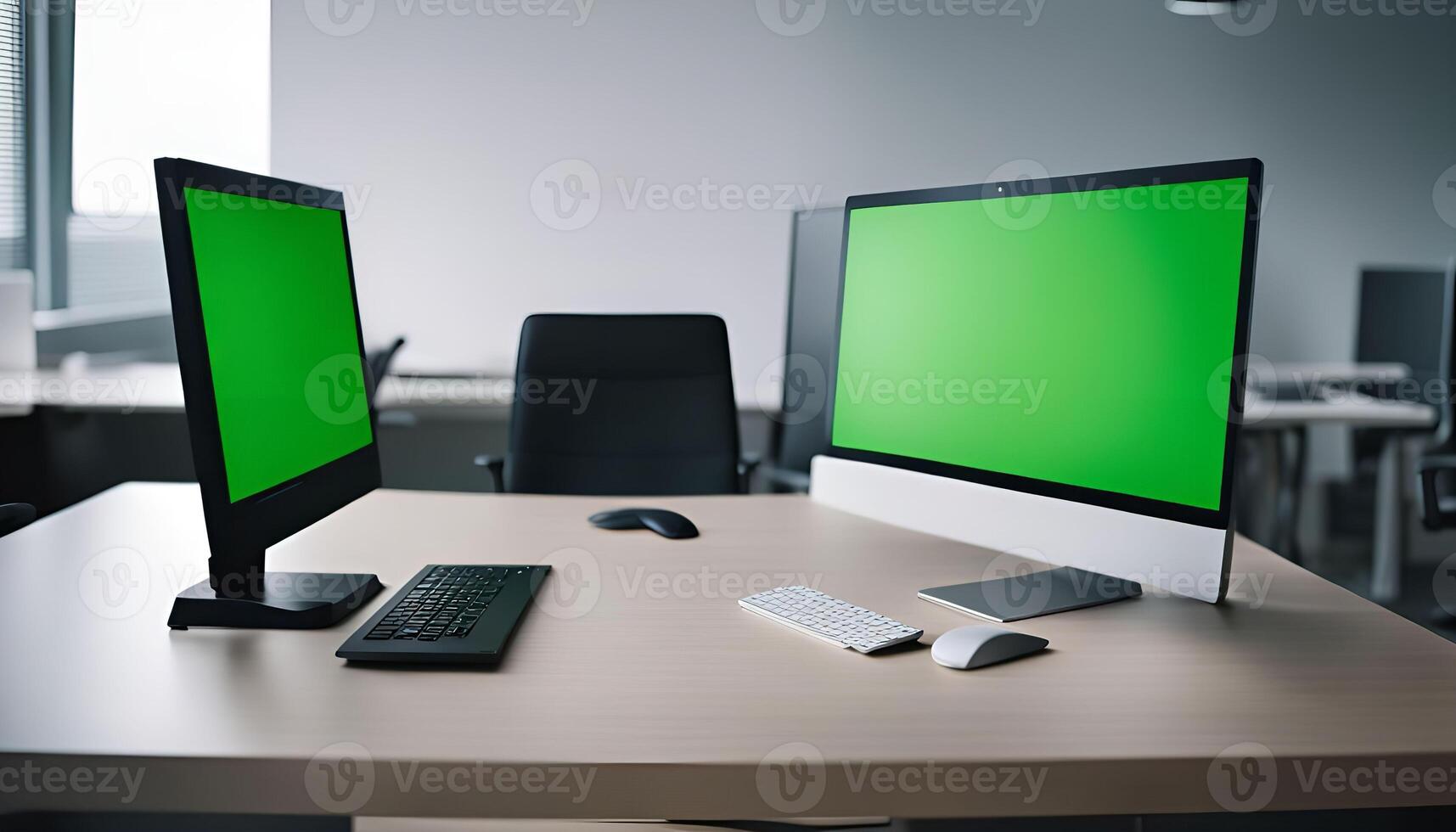Two Computers with Green Screens on a Desk in an Office photo