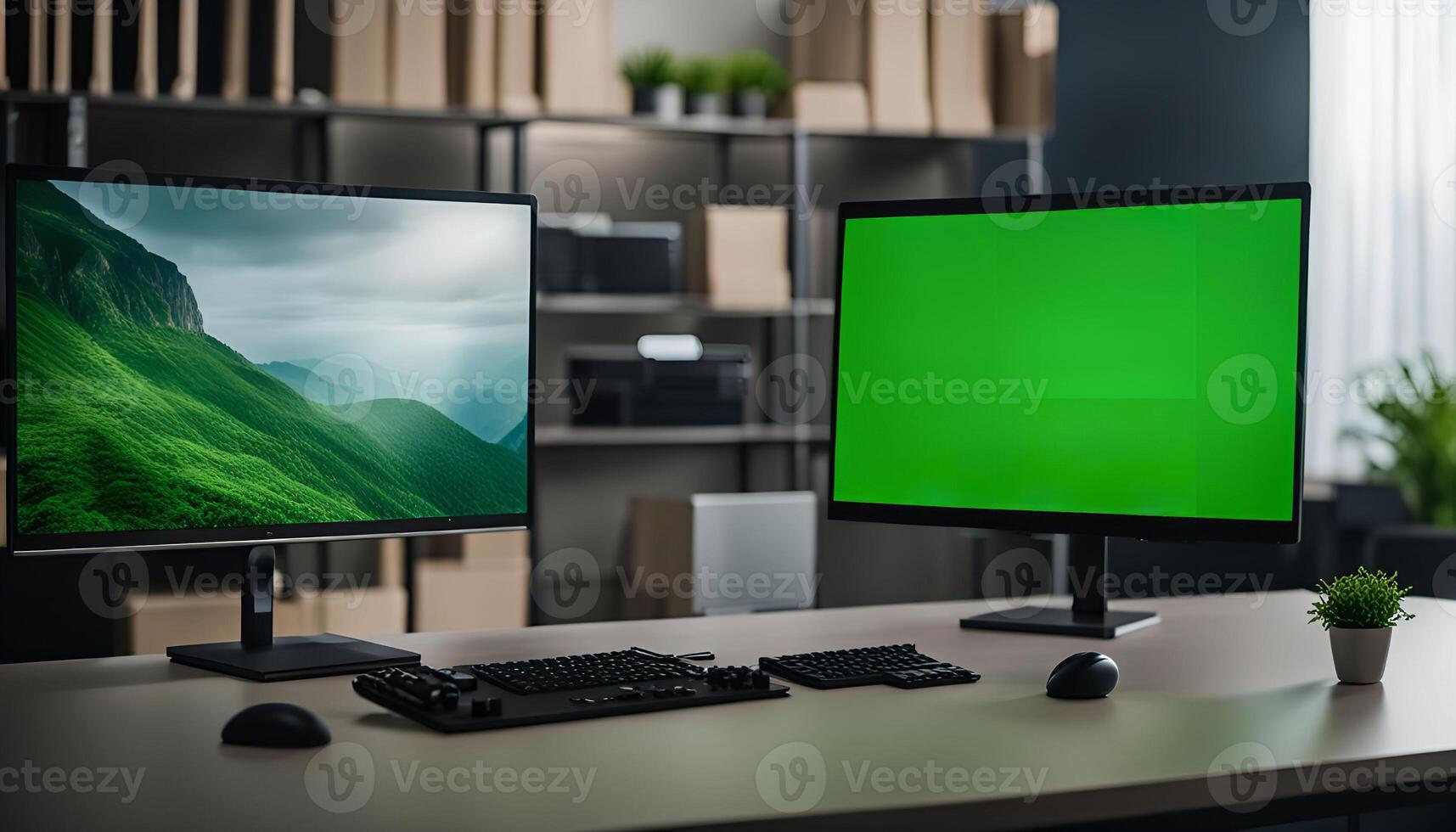 Two Computer Monitors on Desk photo