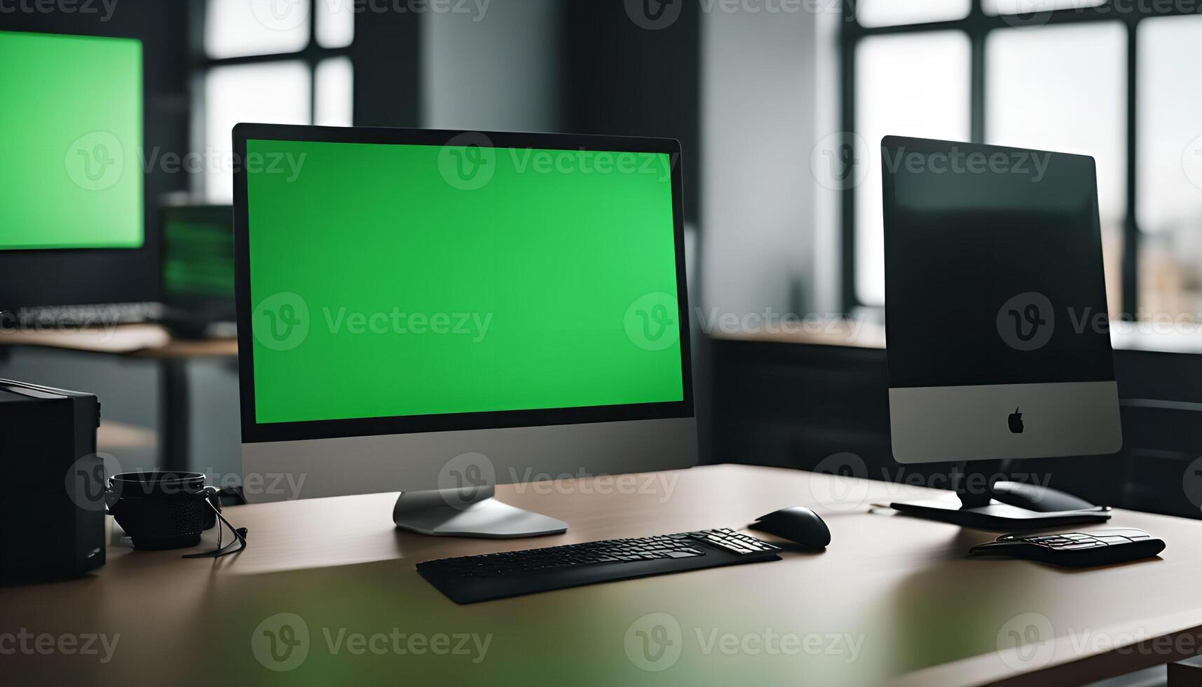 Modern Workspace with Green Screen Computer photo