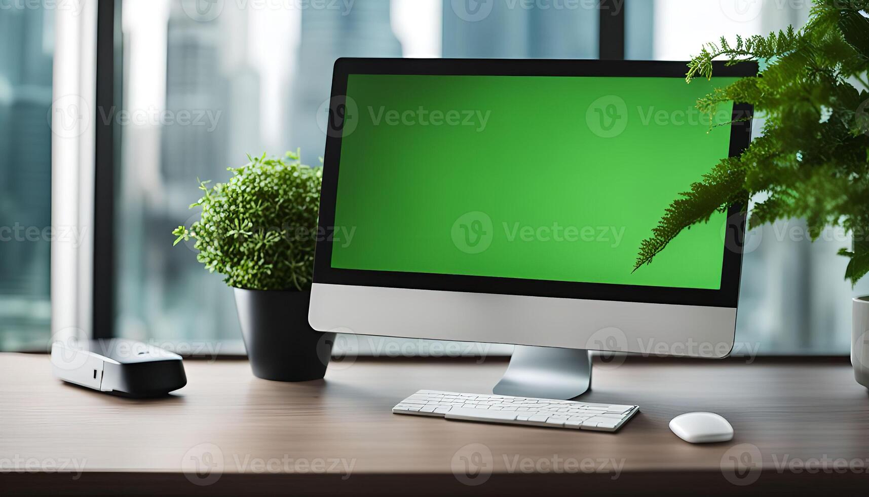 Modern Office Setup with Green Screen Computer photo