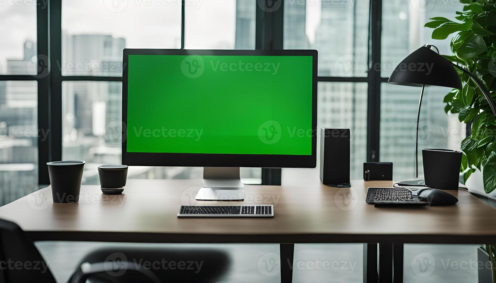 Modern Workspace with Green Screen Computer photo