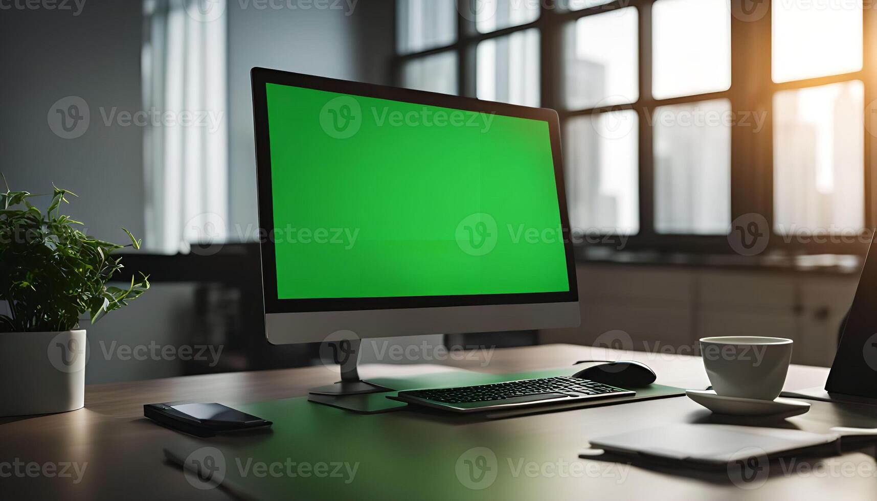 Green Screen Monitor on a Desk in a Modern Office photo