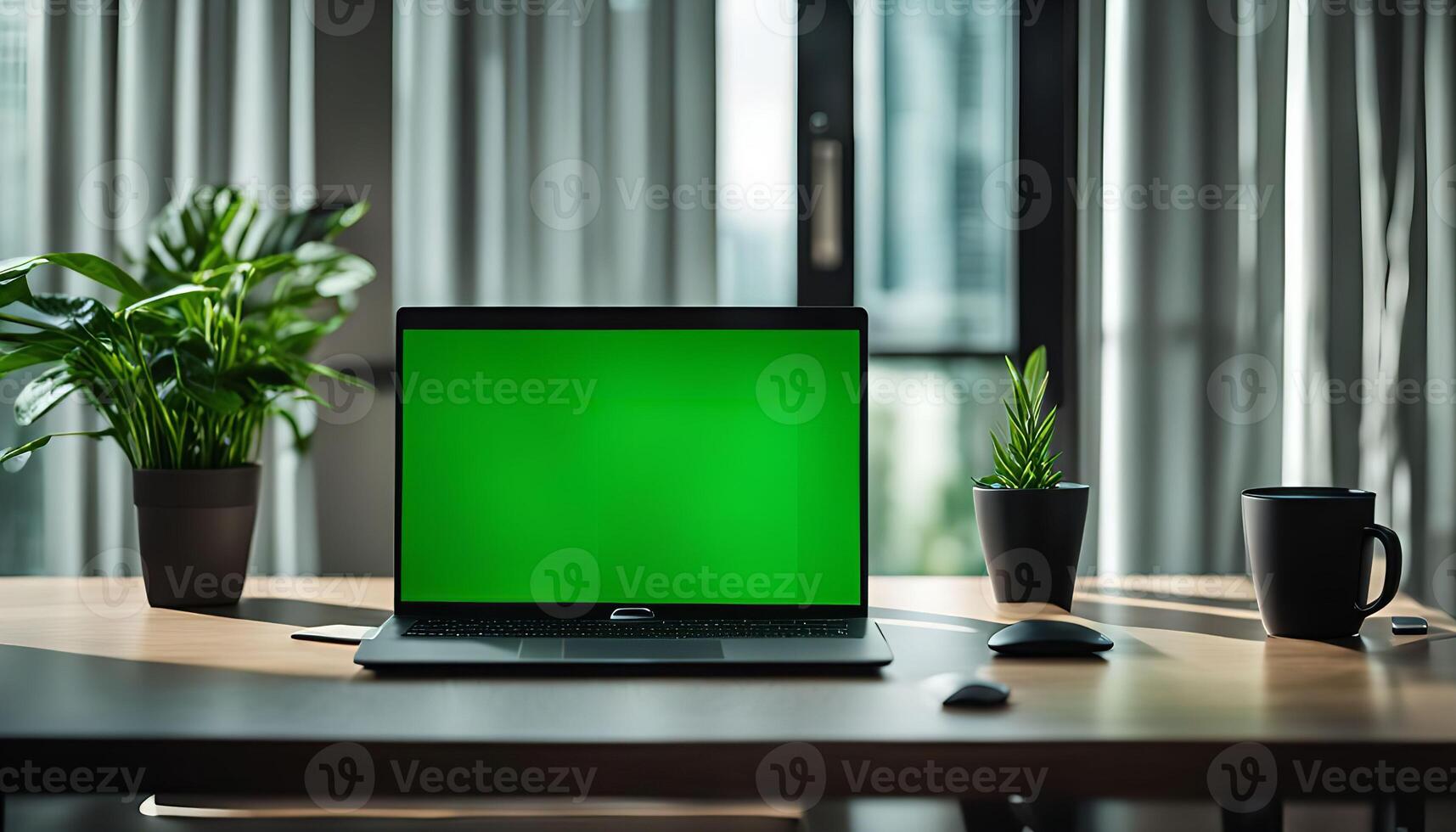 Laptop Computer with a Green Screen on a Desk photo