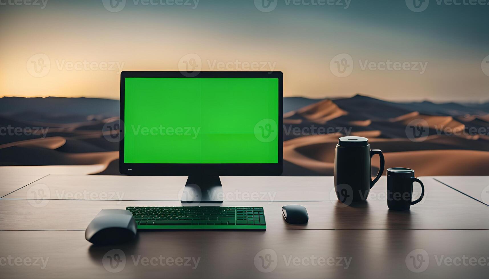 Desktop Computer with Green Screen in a Desert Setting photo