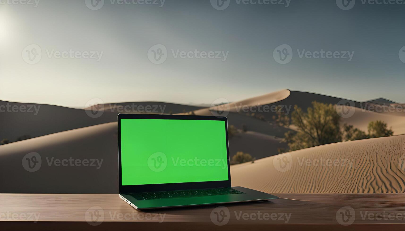 Laptop in Desert with Green Screen photo