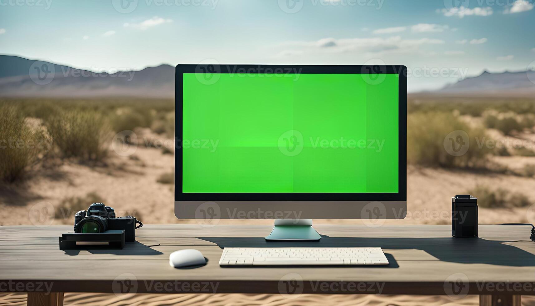 Desktop Computer with Green Screen in Desert Setting photo