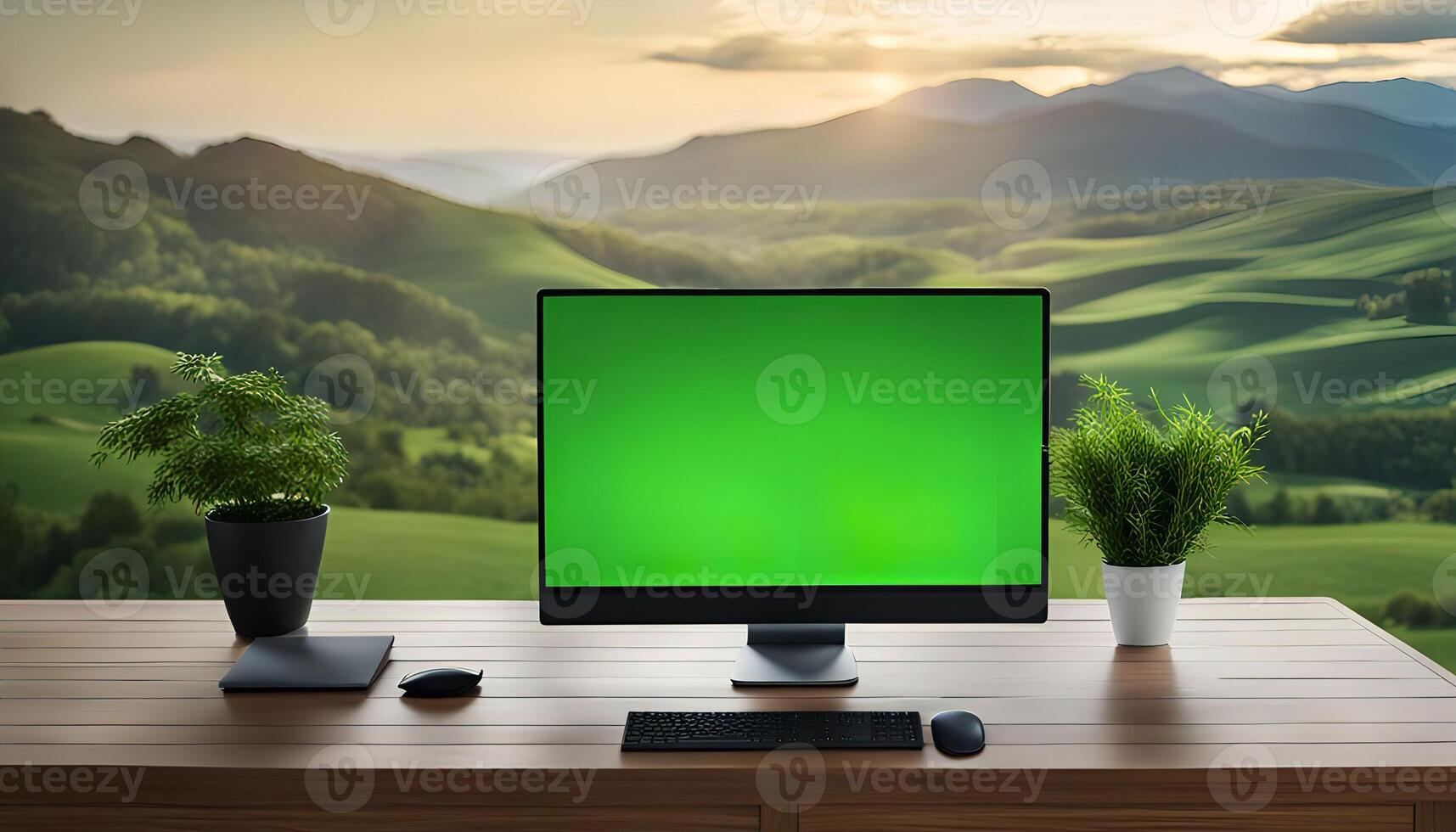 Computer Desktop With A Green Screen And A View Of A Lush Mountain Landscape photo