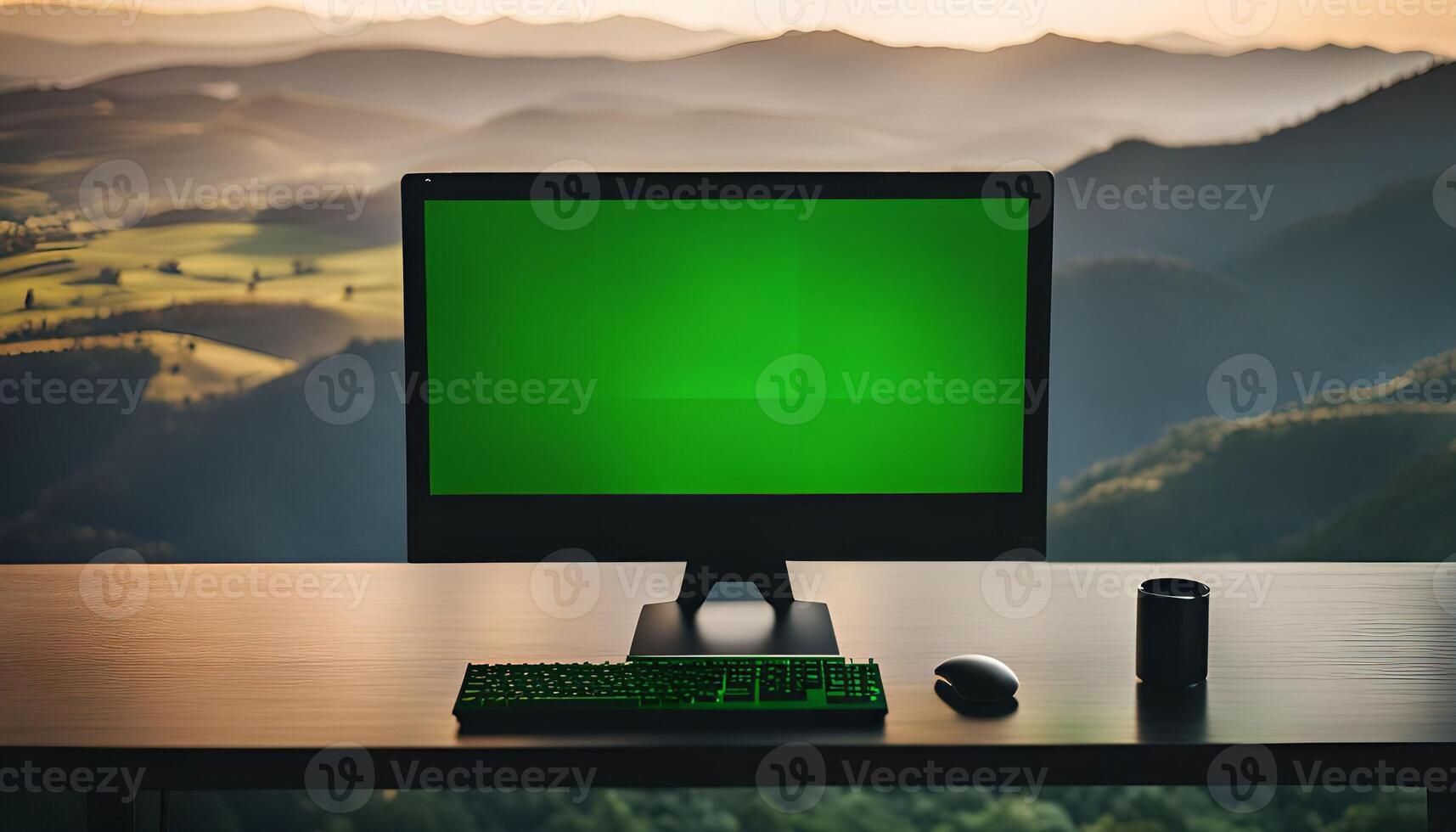 Computer Screen on a Desk with Mountain View photo