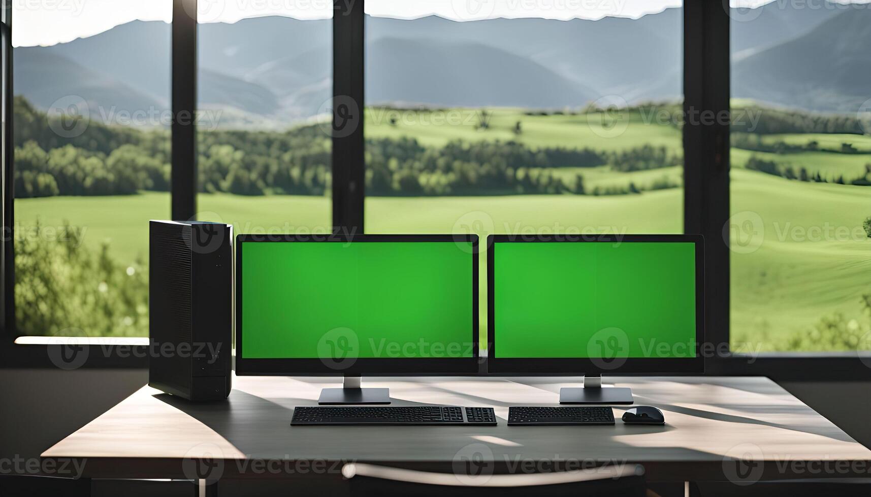 Two Monitors with Green Screen Facing a Landscape View photo