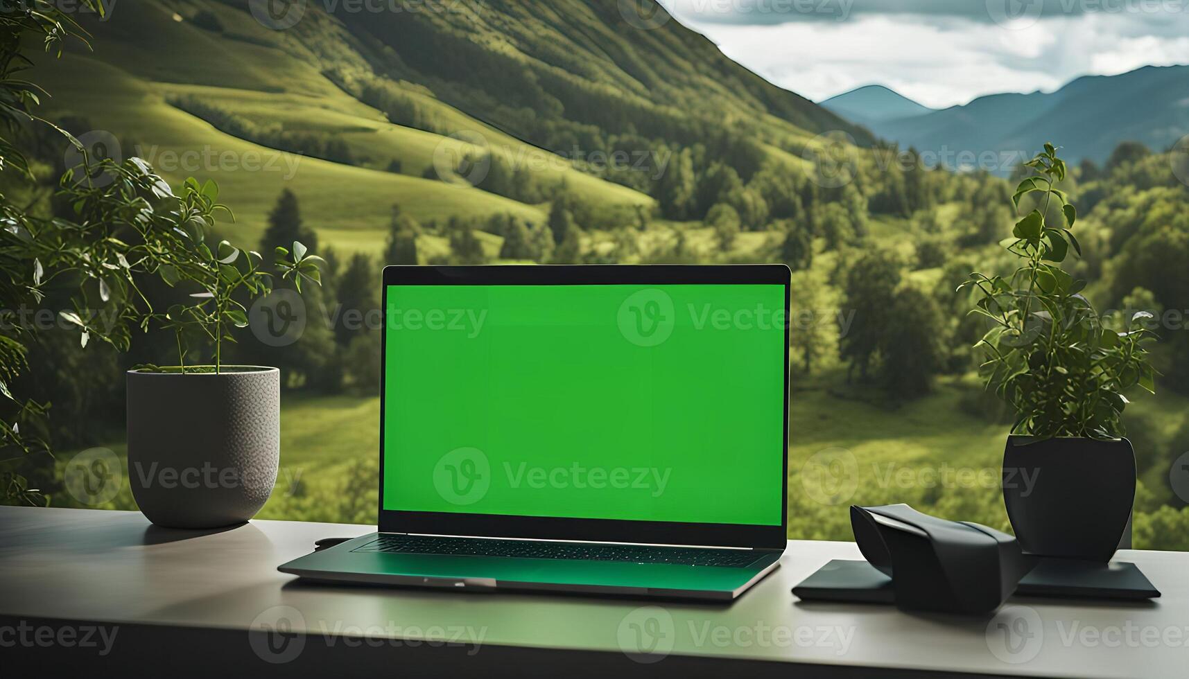 Laptop with Green Screen in Front of a Mountain Landscape photo