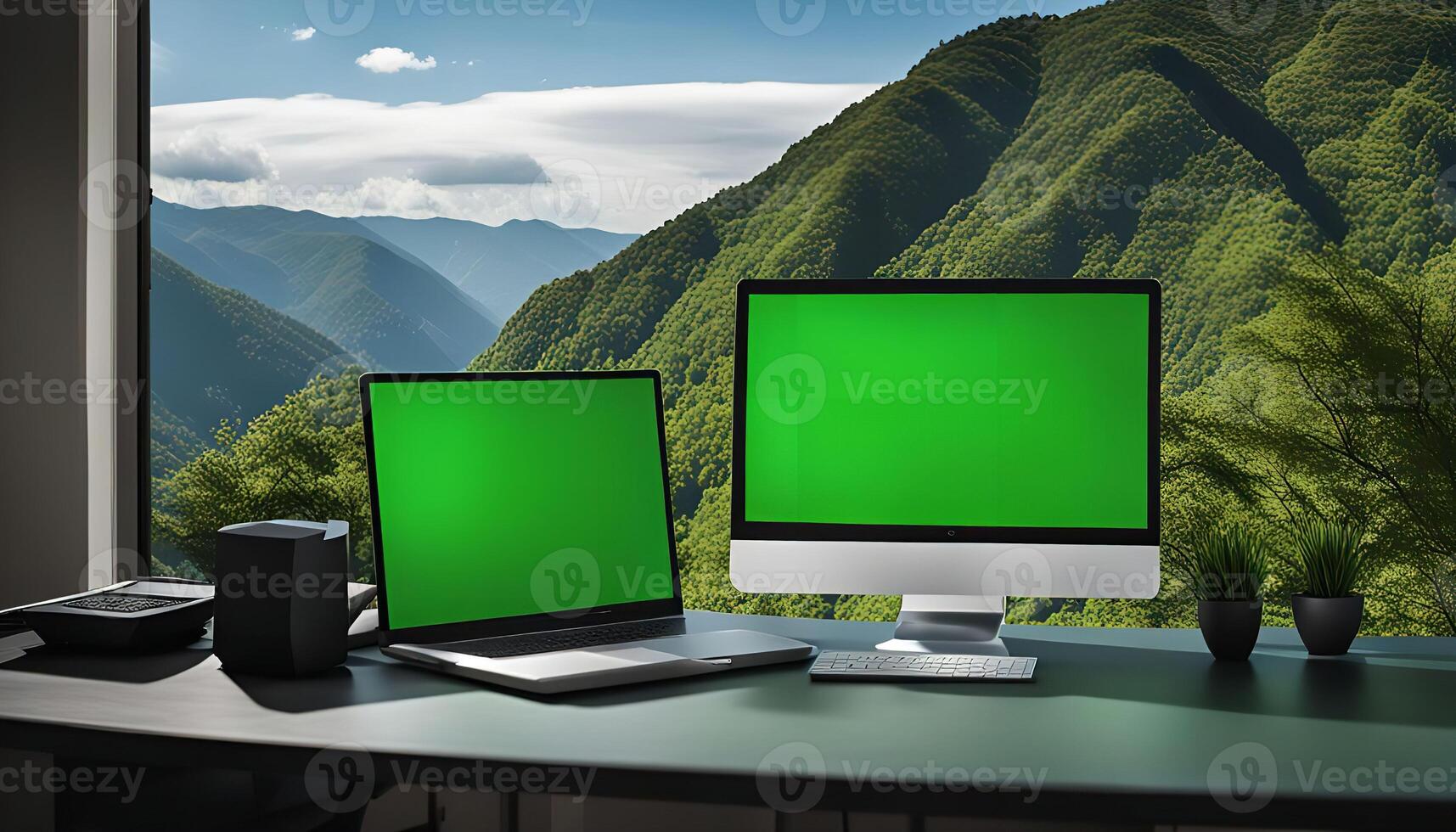 Laptop and Desktop Computer by Window with Mountain View photo